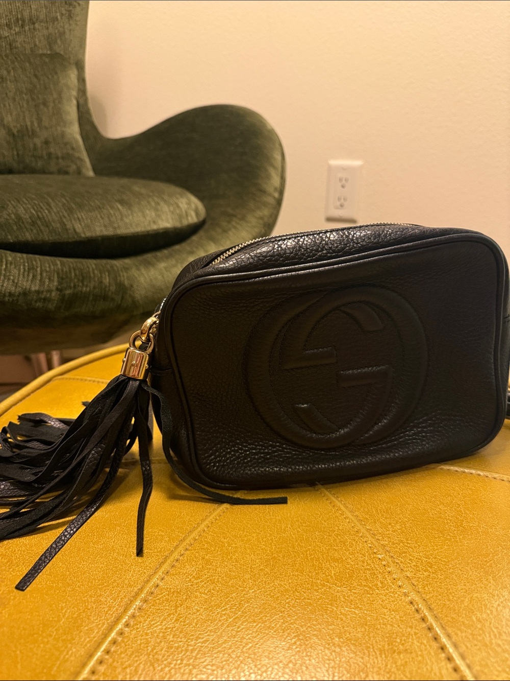 Authentic Gucci Black Pebbled Leather Crossbody Camera Bag with Tassel